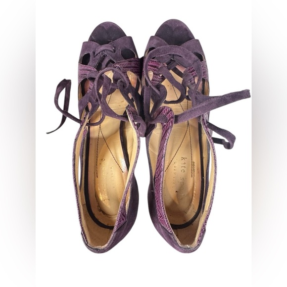 Kate Spade Eggplant Chad Suede Leather Snakeskin Print Lace Up Open Toe Heel 7 - Picture 2 of 8